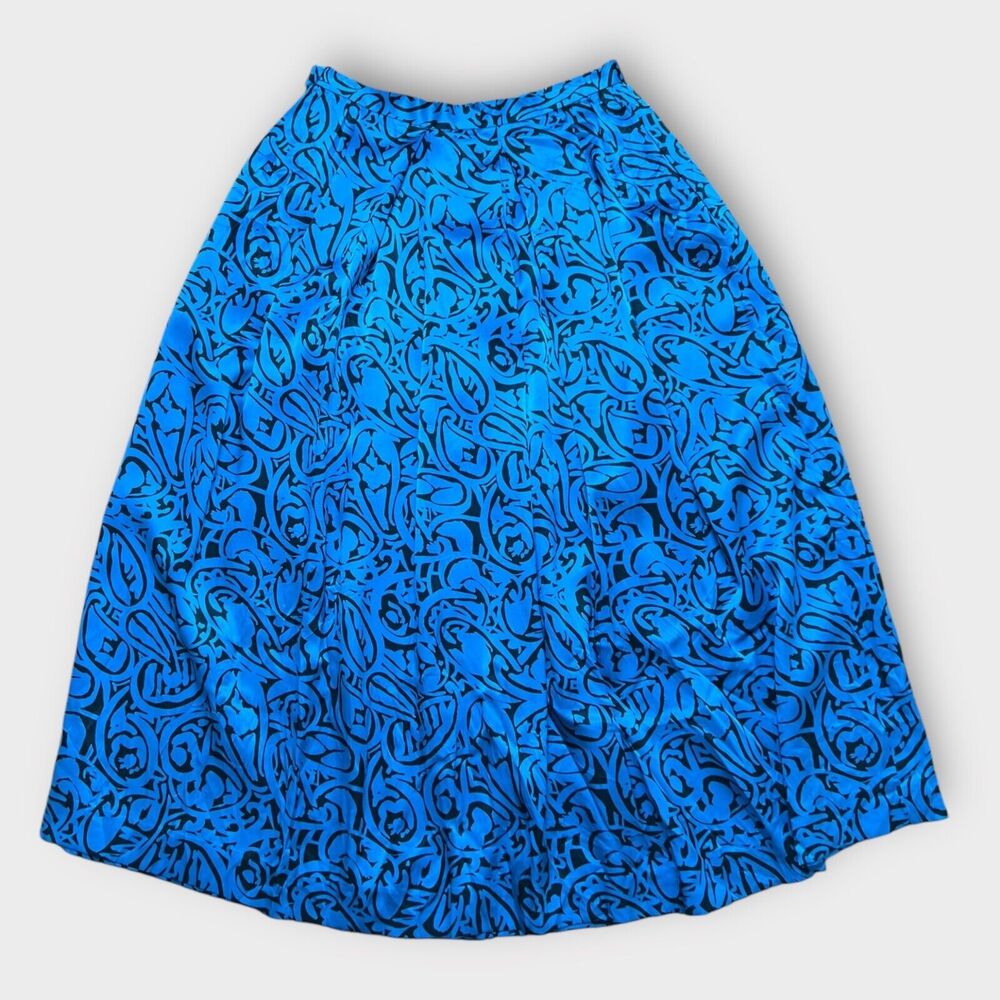 80s Silk Blue Black‎ Leaf Block Boho Tribal Print Midi Skirt Modern Sz 4